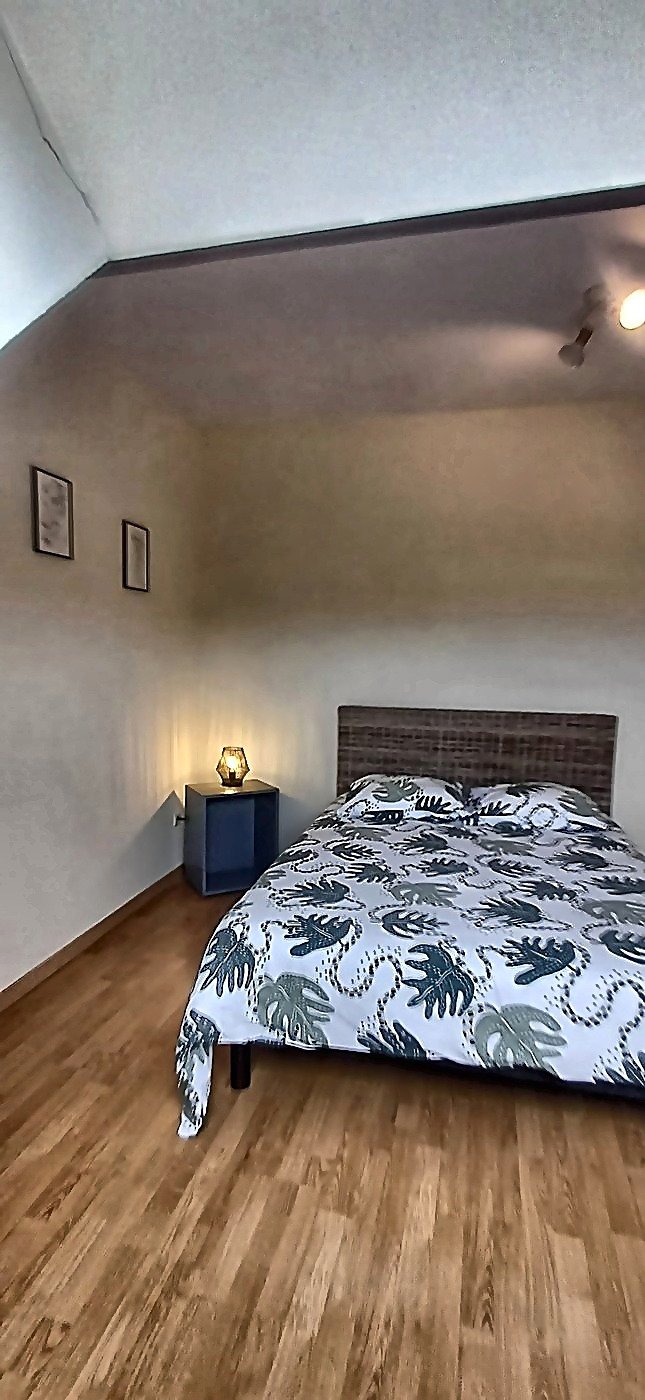 Vue d'ensemble du lit double, tête de lit rotin et tableaux botaniques